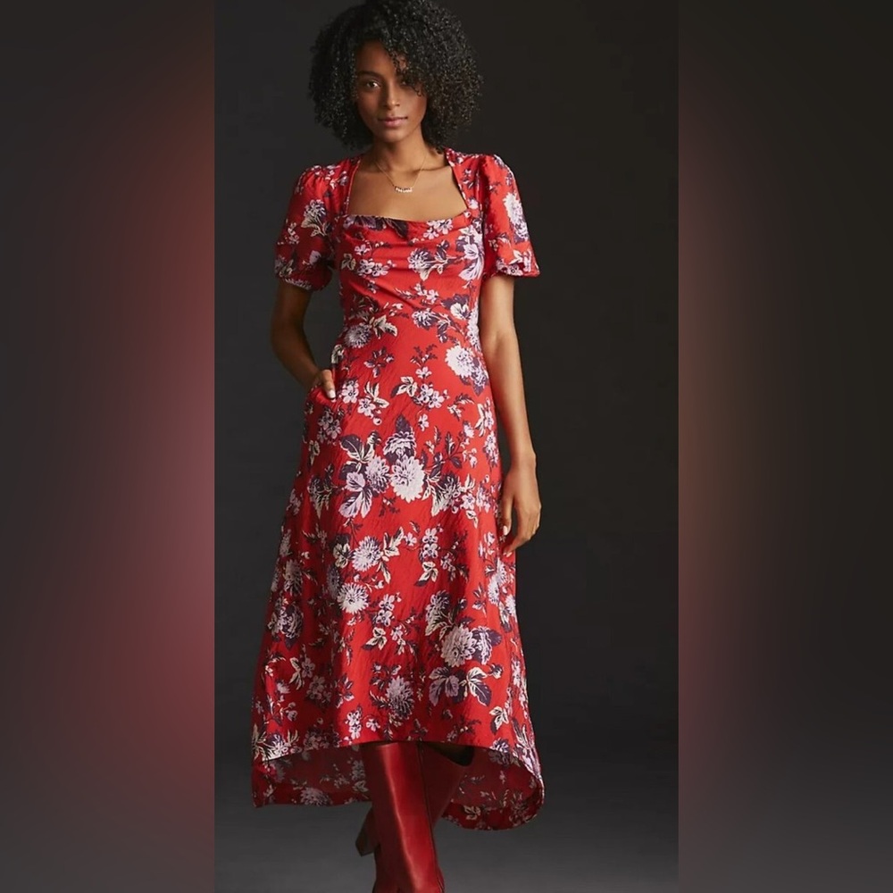 Maeve by Anthropologie Red Floral Puff Sleeve Hi Lo Dress Size 10 - Picture 2 of 9